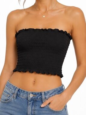 Aritzia Sunday Best Black Smocked Ruffle Bandeau Top